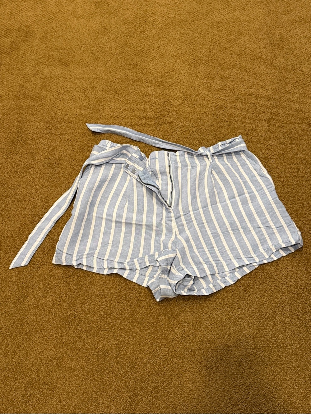 LOFT Blue and White High-Waist Striped Tie Shorts